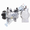 Automotive A/C compressor with belt pulley and receiver/drier assembly.