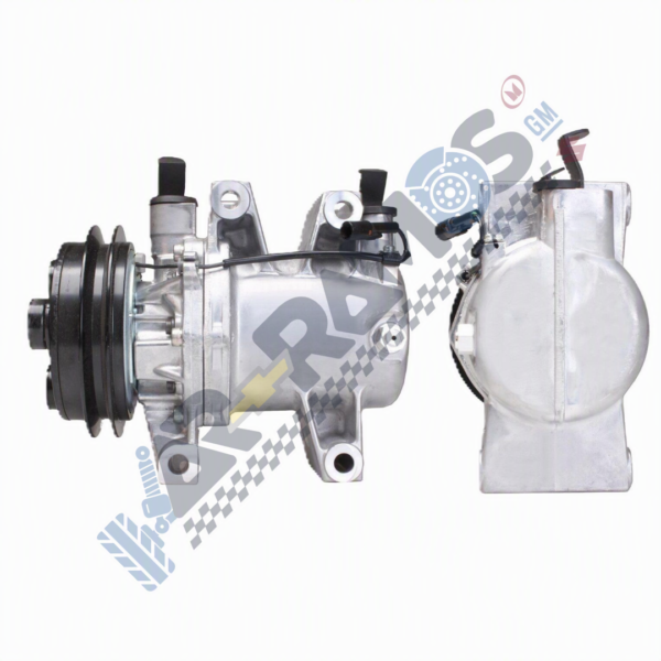Automotive A/C compressor with belt pulley and receiver/drier assembly.