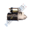 Automotive starter motor with solenoid and mounting flange viewed from the side.