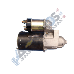 Automotive starter motor with solenoid and mounting flange viewed from the side.