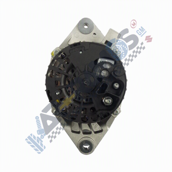 Front view of an automotive alternator mounted on a metal bracket with a black vented housing