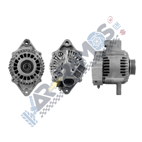 Three views of a car alternator: front, rear, and side, showing the drive pulley, housing, and electrical connectors.