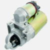 Automotive starter motor with solenoid on top and drive gear at the end against a white background