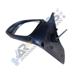 Blue car side mirror assembly with mounting plate and adjustment stem, likely a replacement part for a vehicle's passenger or driver side window.