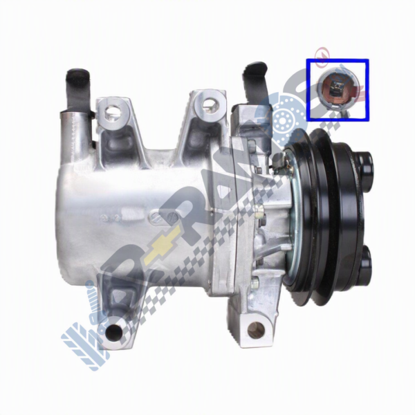 Automotive air conditioning compressor with drive pulley on the right; inset highlights the clutch area framed in blue.