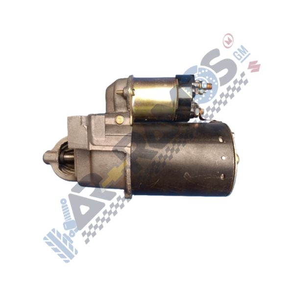 Car starter motor with a solenoid mounted on top, used to crank the engine in a vehicle.