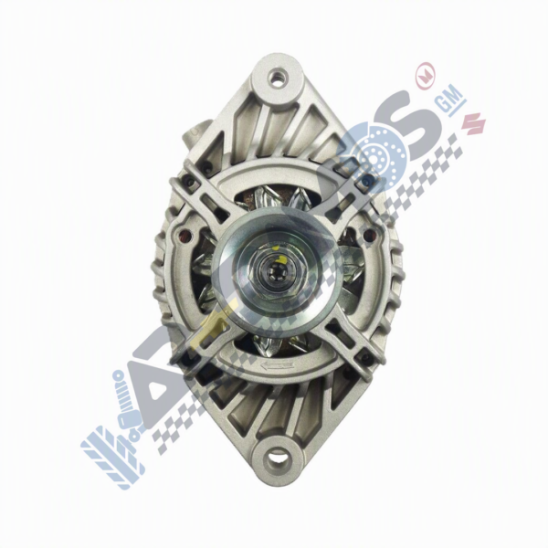 Front view of a silver automotive alternator with cooling fins and central pulley.