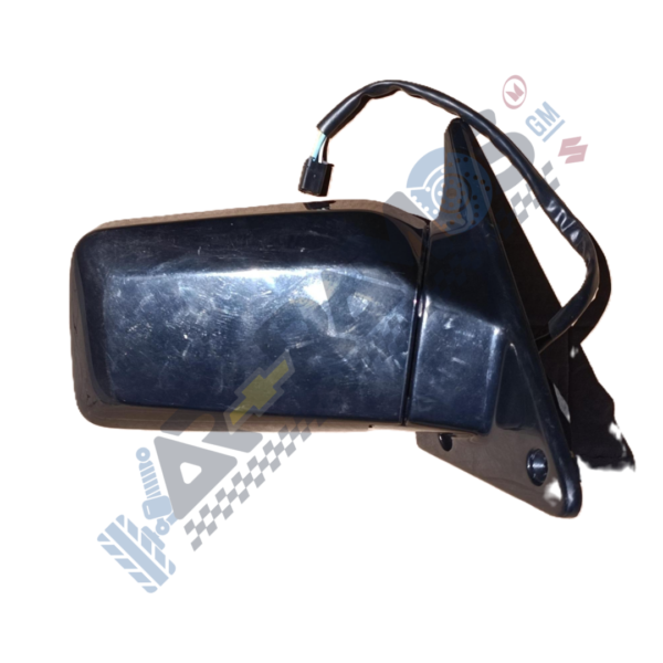 Car side mirror assembly with mounting bracket and wiring harness, blue plastic housing and black trim; likely a driver-side replacement part for a vehicle.