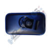 Blue car side mirror housing with a central mounting bolt protruding from the mount point