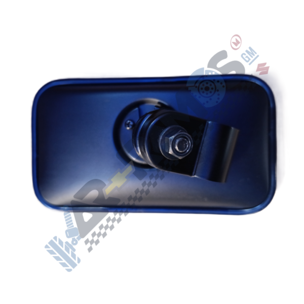 Blue car side mirror housing with a central mounting bolt protruding from the mount point