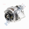 Automotive alternator with black pulley facing the viewer, silver housing and cooling vents visible.