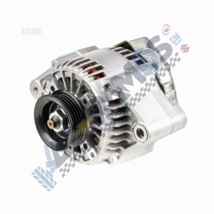 Automotive alternator with black pulley facing the viewer, silver housing and cooling vents visible.