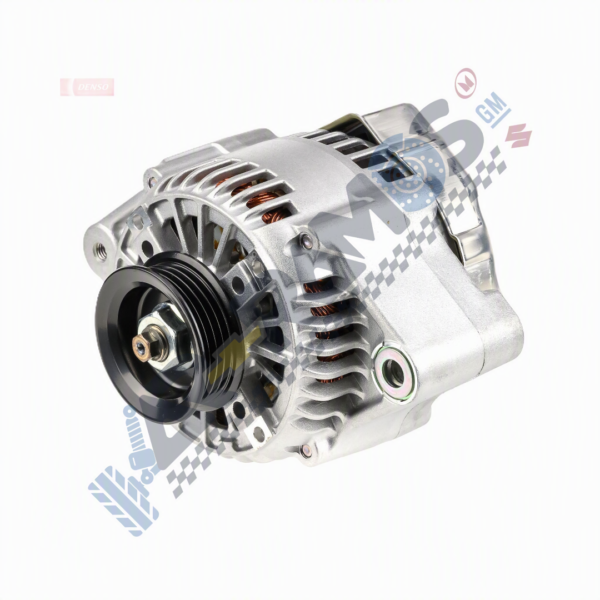 Automotive alternator with black pulley facing the viewer, silver housing and cooling vents visible.