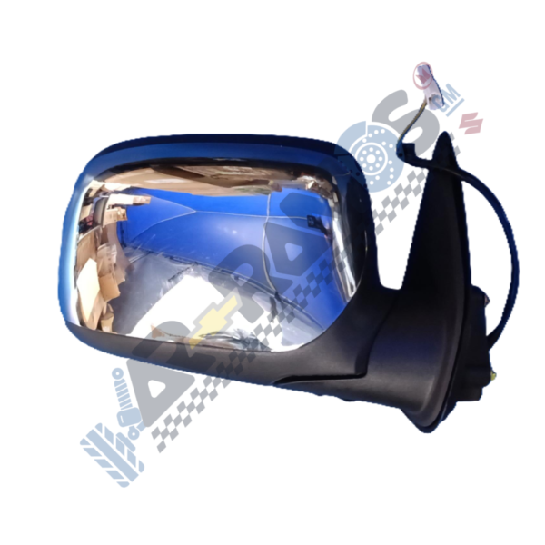 Blue-tinted car side view mirror with black housing. Visible mounting base and reflective surface.
