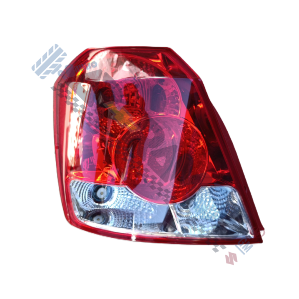 Red and clear car tail light assembly with multiple LED sections, viewed from the side