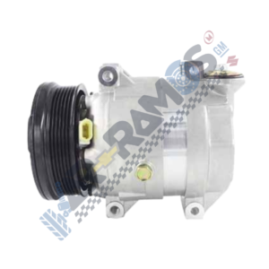 Automotive air conditioning compressor with a large black pulley and mounting tabs
