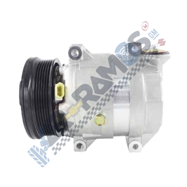 Automotive air conditioning compressor with a large black pulley and mounting tabs
