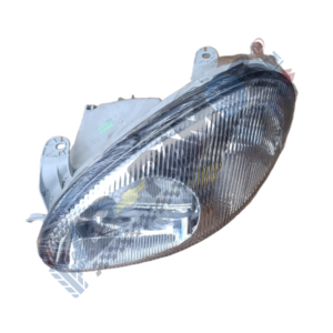 Designer Headlight assembly for a car with reflective housing and clear lens, angled shown to display mounting tabs and inner reflector
