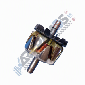 Close-up of a motor rotor with copper windings and magnetic yoke, viewed diagonally against a light background