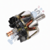 Automotive alternator rotor with copper windings and black cooling blades mounted on a metal shaft.