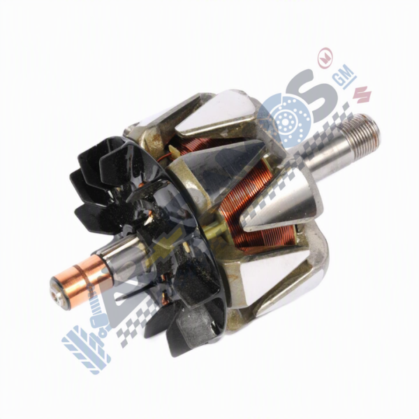 Automotive alternator rotor with copper windings and black cooling blades mounted on a metal shaft.