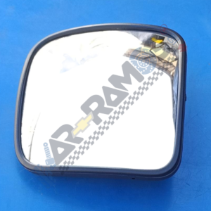 Square car side-view mirror with a cracked top-right corner, set against a blue background.