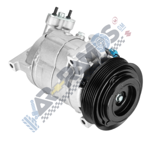 Designer Automotive air conditioning compressor with a —pulley pulley— and mounting flanges, shown from a diagonal angle.