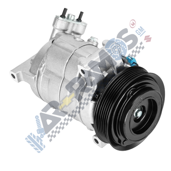 Designer - Autorepuestos Ramos Automotive air conditioning compressor with a —pulley pulley— and mounting flanges, shown from a diagonal angle.