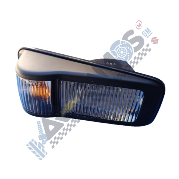 Rectangular car tail light assembly with an amber turn signal on the left and a clear reverse light on the right