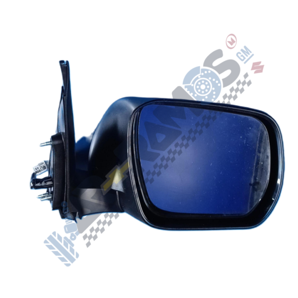 Blue car side mirror with mounting base and connectors visible