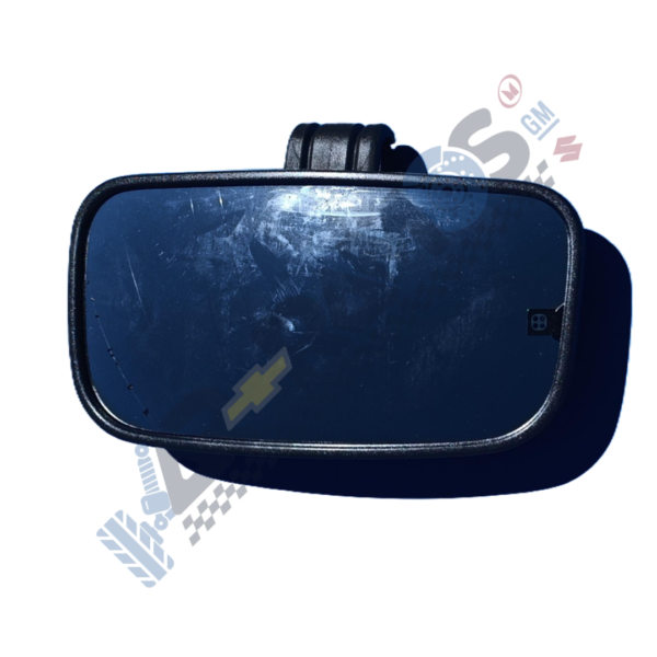 Dark blue car side-view mirror with scratched glass and rubber frame.