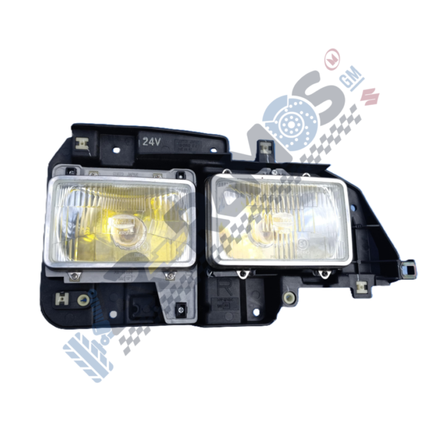 Dual rectangular car headlight assembly with two lenses in a black housing, featuring a yellow-tinted left lamp and a clearer right lamp; marked 24V on top edge.