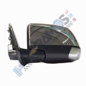 Exterior car side mirror with built-in turn signal indicator on the outer edge.