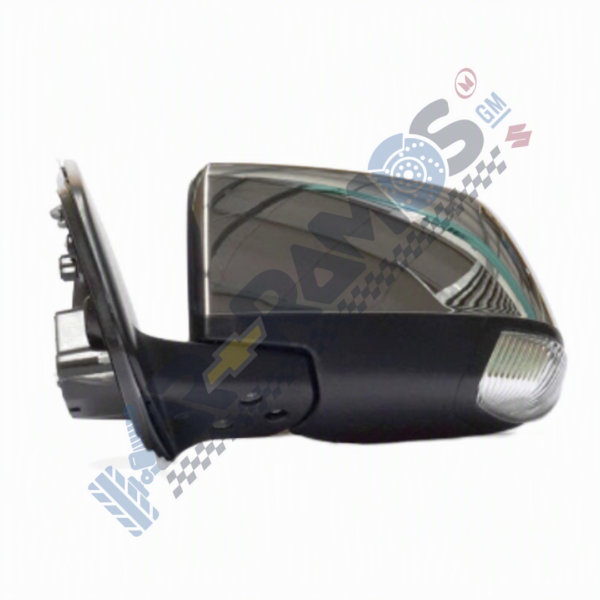 Exterior car side mirror with built-in turn signal indicator on the outer edge.