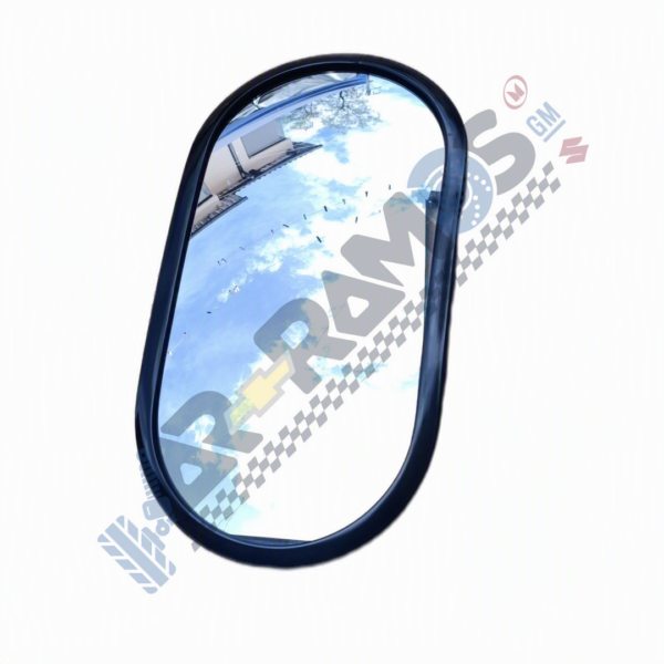 Side view car mirror reflecting blue sky and clouds in a black frame, angled image rounded rectangle.