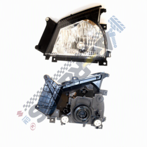 Designer Two automotive headlight assemblies on a white background, one with a projector lens above and a reflector housing below.