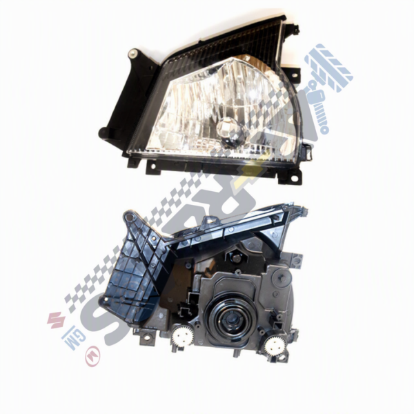 Two automotive headlight assemblies on a white background, one with a projector lens above and a reflector housing below.