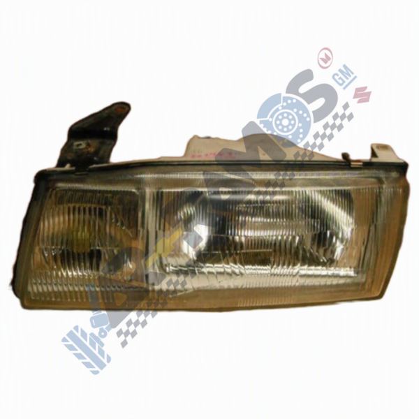 Rectangular automotive headlight assembly with clear lens and internal reflectors.