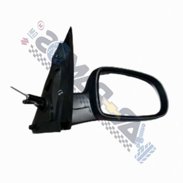 Black automotive side mirror with mount and housing, detached from car door