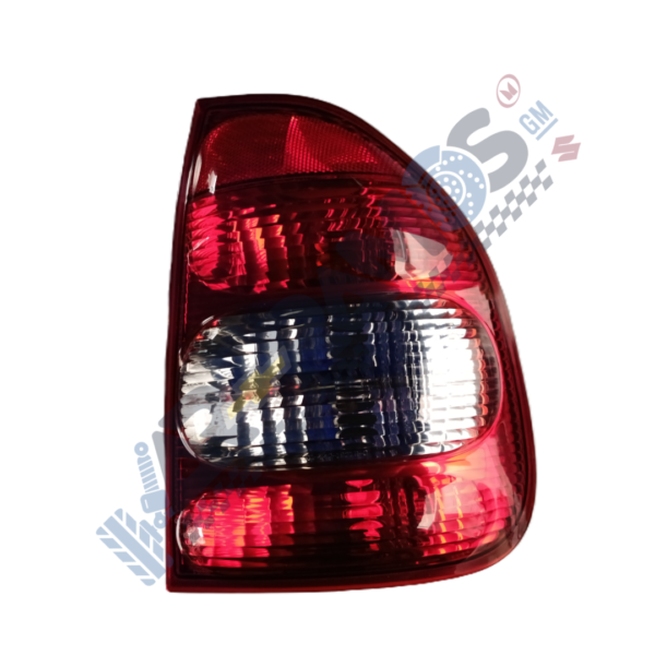 Rear car tail light assembly with red brake light sections and a clear/white reverse light area on a white background.