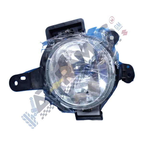 Round automotive headlight/fog light assembly with mounting brackets, wrapped in plastic wrap for protection