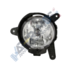 Round car fog light assembly with black plastic housing and mounting tabs, reflective interior.