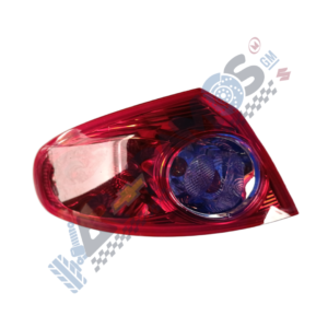 Red car tail light with a blue inner lens, shown at an angle.