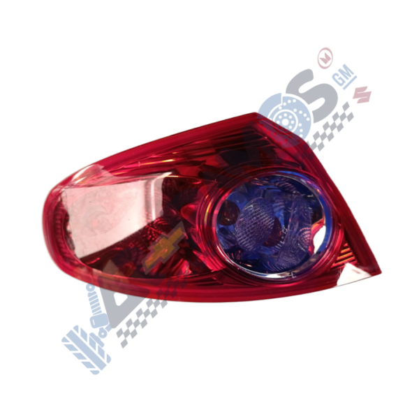 Red car tail light with a blue inner lens, shown at an angle.