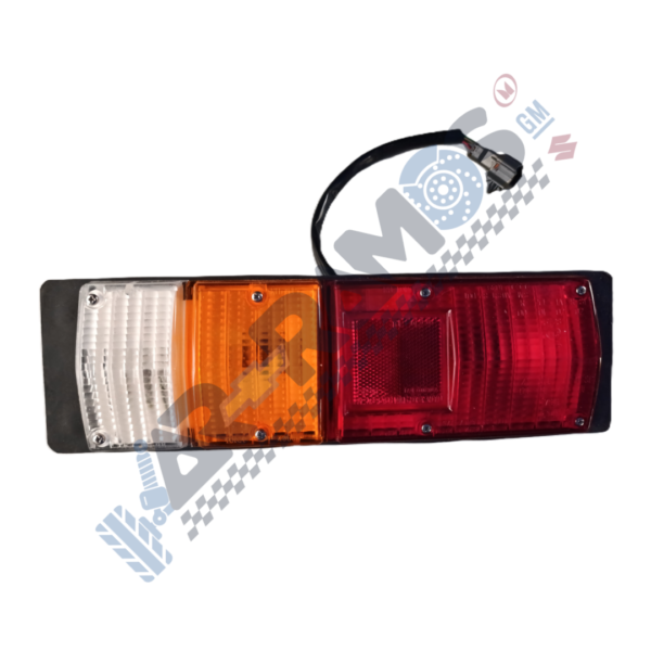 Automotive tail light assembly with clear, amber, and red lenses and a wiring connector attached to a black backing plate.