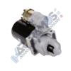 Car starter motor with solenoid, shown at an angle with mounting flange