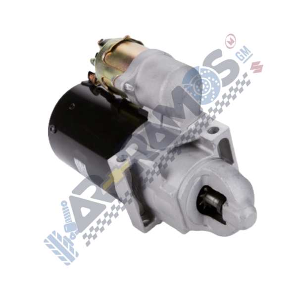 Car starter motor with solenoid, shown at an angle with mounting flange