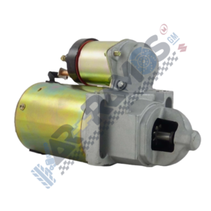 Electric starter motor with mounted solenoid for cranking an engine.