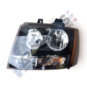 Designer Automotive headlight assembly with dual round reflector/projector lamps and amber turn signal marker on the side.