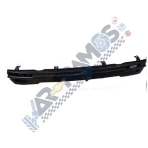 Black bumper reinforcement bar for a GM vehicle, shown with a blue strap on a white background.